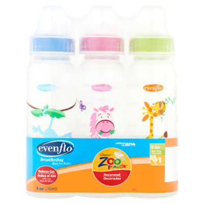 Evenflo Classic Zoo Friends Decorated 8 oz Bottles, 1 Slow Flow, 0-3m, 3 count