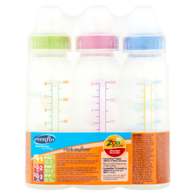 Evenflo Classic Zoo Friends Bottles, Slow Flow, Decorated, 8 oz, 1 0-3 m - 3 bottles