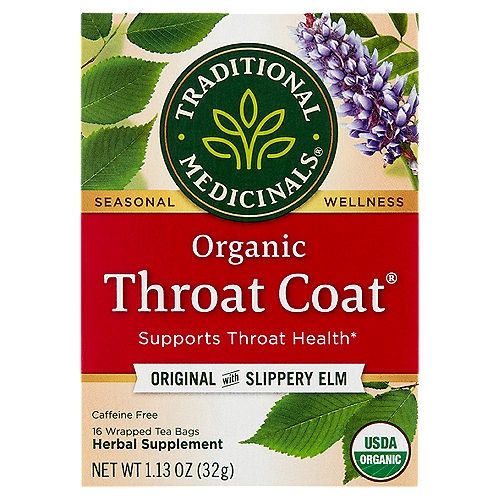 Traditional Medicinals Throat Coat Organic Herbal Supplement, 16 count, 1.13 oz
Herbal Power
Supports throat health.*
*These statements have not been evaluated by the Food and Drug Administration. This product is not intended to diagnose, treat, cure or prevent any disease.

Taste
Sweet and silky, with a distinct licorice taste.

Plant Story
The slippery elm tree has played an important role in Native American herbal medicine for hundreds of years. Inspired by its traditional use, we source our slippery elm domestically, where families collect the bark sustainably by hand to protect the trees for future generations.
