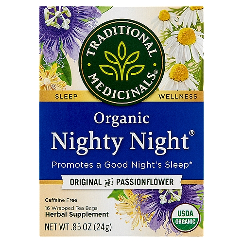 Traditional Medicinals Nighty Night Original with Passionflower Herbal Supplement, 16 count, .85 oz
Organic Original with Passionflower Herbal Supplement

Promotes a good night's sleep*

Herbal Power
Helps you relax and get a good night's sleep.*

Taste
Minty and sweet with notes of citrus and spice.

Plant Story
Generations of native South Americans have used passionflower to soothe the nervous system and help relieve occasional sleeplessness.* Our herbalists appreciate both its wild beauty and its herbal power, blending it with calming herbs like chamomile and linden flower to help you sleep easy.*
*These statements have not been evaluated by the Food and Drug Administration. This product is not intended to diagnose, treat, cure or prevent any disease.