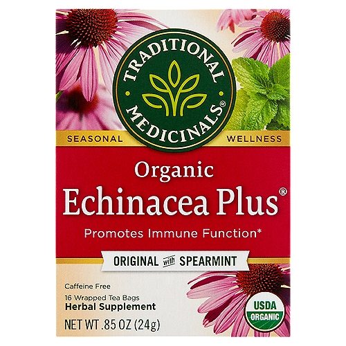 Traditional Medicinals Echinacea Plus Organic Herbal Supplement, 16 count, .85 oz
Herbal Power
Fires up the immune system.*

Taste
Mildly minty with a twist of citrus.

Plant Story
Native American tribes have been using echinacea, or purple coneflower, for hundreds of years before it made its way into Western herbalism. Today, it is one of the most widely studied herbs for its ability to promote a healthy immune response.* Have some on hand for when you need a boost of wellness.
*These statements have not been evaluated by the Food and Drug Administration, This product is not intended to diagnose, treat, cure or prevent any disease.