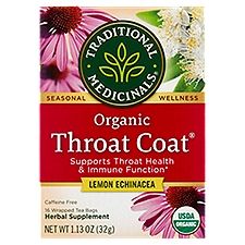 Traditional Medicinals Throat Coat Organic Lemon Echinacea Herbal Supplement, 16 count, 1.13 oz