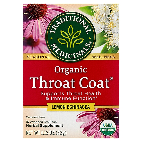 Traditional Medicinals Throat Coat Organic Lemon Echinacea Herbal Supplement, 16 count, 1.13 oz
Herbal Power
Supports throat health and boosts the immune system.*

Taste
Sweet, silky, and lemony.

Plant Story
Using wild licorice from the plains of Central Asia that is harvested sustainably by traditional collectors, this unique formula blends the soothing power of marshmallow root and licorice with the immune-supporting goodness of echinacea. It's throat comfort when you need it most.*
*These statements have not been evaluated by the Food and Drug Administration. This product is not intended to diagnose, treat, cure or prevent any disease.