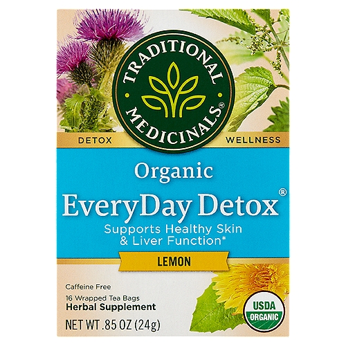 Traditional Medicinals EveryDay Detox Organic Lemon Herbal Supplement, 16 count, .85 oz
Herbal Power
Promotes healthy skin, liver and kidney function.*

Taste
Bright, aromatic and lemony.

Plant Story
This traditional European herbal formula helps beautify the skin, break down fats, and promote flushing of the kidneys.* Using burdock to support the skin, dandelion to support the liver, nettles for kidneys, and cleavers for kidneys and the lymph, this light and bright blend tastes as good as it feels.*
*These statements have not been evaluated by the Food and Drug Administration. This product is not intended to diagnose, treat, cure or prevent any disease.