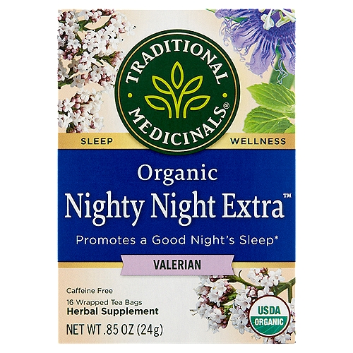 Traditional Medicinals Nighty Night Extra Organic Valerian Herbal Supplement, 16 count, .85 oz
Herbal Power
Promotes a good night's sleep with the extra power of valerian.*

Taste
Earthy, minty and satisfyingly herbal.*

Plant Story
Celebrated by the ancient Greeks to use for occasional sleeplessness, valerian is a gentle, time-tested herbal sedative. To create our strongest sleep formula, we blended valerian with complementary herbs like passionflower, lemon balm and peppermint to mellow you out and help you sleep easy.*
*These statements have not been evaluated by the Food and Drug Administration. This product is not intended to diagnose, treat, cure or prevent any disease.