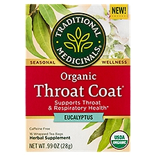 Traditional Medicinals Throat Coat Herbal Supplement, Organic Eucalyptus, 16 Each