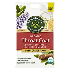 Traditional Medicinals Throat Coat Organic Sweet Orange Fennel Menthol Cough Drops, 16 count