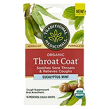 Traditional Medicinals Throat Coat Organic Eucalyptus Mint Menthol Cough, 16 count
