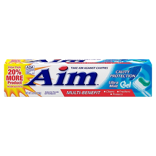 Aim Cavity Protection Ultra Mint Gel Toothpaste Value Pack, 5.5 oz
Anticavity Fluoride Gel Toothpaste

The great-tasting gel toothpaste that provides cavity protection & strengthens enamel

Use
Aids in the prevention of dental decay

Drug Facts
Active ingredient - Purpose
Sodium fluoride (0.24%) - Anticavity toothpaste