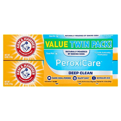 Arm & Hammer PeroxiCare Deep Clean Mint Toothpaste Value Twin Pack!, 6.0 oz, 2 count
Fluoride Anticavity Toothpaste

Healthy gums*
*when used as part of a complete brushing routine.

Your teeth and gums thrive in a neutral, non-acidic environment. The proven power of baking soda in all Arm & Hammer™ toothpastes actively neutralizes acid, helping create the optimal environment for strong teeth and gums.

Use
Aids in the prevention of dental decay

Drug Facts
Active ingredient - Purpose
Sodium fluoride 0.24% - Anticavity toothpaste
