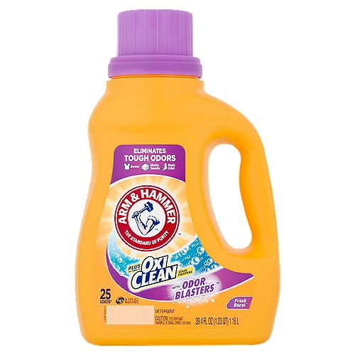 Arm & Hammer Plus OxiClean Odor Blasters Fresh Burst Detergent, 25 Loads, 39.4 fl oz
25 Loads*
*Based on medium loads when measured to bar 7 as directed.

Plus the Power of Oxi Clean™ Stain Fighters with Odor Blasters™