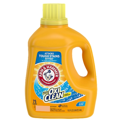 Arm & Hammer Oxi Clean Fresh Scent Detergent, 75 loads, 118.1 fl oz
Attacks Tough Stains Better†
†vs. regular Arm & Hammer™

Plus the Power of Oxi Clean™ Stain Fighters

75 Loads*
*Based on medium loads when measured to bar 7 as directed.

Concentrated with 2x Powerful Stain Fighters in every drop*
*vs leading bargain detergent