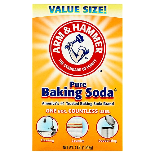 Arm & Hammer Pure Baking Soda Value Size!, 4 lb
For a Fresher Cleaner Home
Arm & Hammer™ Baking Soda is pure, safe and natural.

For Fresher, Cleaner Clothes
Improves your liquid laundry performance.
☑ Add 1 cup with liquid laundry detergent for cleaner, fresher clothes

For Scratchless Cleaning
Scrubs away stains and grease without scratching.
Use in the Kitchen
☑ Sinks
☑ Counters
☑ Ovens
☑ Refrigerators
☑ Coffee pots
☑ Microwaves
☑ Pots & pans
☑ Stainless steel
☑ China

Use in the Bathroom
Will safely remove tough stains, and lift off dirt and soap scum.
☑ Sinks
☑ Counters
☑ Tubs
☑ Showers
☑ Toilets
☑ Tile, grout & more

For Household Deodorizing
Absorbs and eliminates odors on contact.
☑ Garbage pail
☑ Carpets
☑ Disposals & drains
☑ Litter boxes
☑ Dishwasher (between uses)

For Pure & Natural Personal Care
☑ Relaxing bath add 1/2 cup into your tub for a refreshing bath or foot soak.
☑ Fuller, more manageable hair add 1 teaspoon to your shampoo once a week.
☑ Invigorating yet gentle facial exfoliant after washing face, apply a paste of 3 parts Baking Soda to 1 part water in a circular motion (avoid eye area). Rinse for a fresh, clean face.

Uses
Relieves:
■ heartburn
■ acid indigestion
■ sour stomach
■ and upset stomach due to these symptoms
■ temporarily protects and helps relieve minor skin irritation and itching due to:
 ■ poison ivy, oak, and sumac
 ■ insect bites

Drug Facts
Active ingredient - Purpose
Sodium Bicarbonate 100% - Antacid, skin protectant