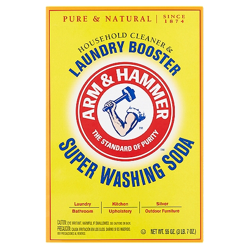 Arm & Hammer Household Cleaner & Laundry Booster Super Washing Soda, 55 oz
Arm & Hammer™ Super Washing Soda is a natural detergent booster and freshener and can be used all around the home - not just in the laundry room!

It works in two ways:
1. It increases your detergents cleaning power to get out ground-in dirt and stains and cuts through greasy soils.
2. It helps neutralize and eliminate odors, not cover them up with perfumes.

Trust Arm & Hammer™ Super Washing Soda to clean your laundry and all around your home.
In the Laundry. Detergent alone isn't always enough. Add to every load to boost your detergent's cleaning power of cleaner, whiter, brighter laundry. And, it works to neutralize and eliminate laundry odors, not just cover them up.

Around the Home. Make tough jobs easier. Use it to effectively clean hard surfaces indoors and outdoors. . .naturally.

Great For: tile & grout, toilets, microwaves, sinks, stainless steel, bathtubs, refrigerators, outdoor furniture, garage floors... and more!

Arm & Hammer™ Super Washing Soda is a natural alternative to other household products.