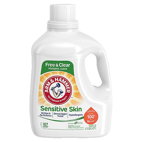 Arm & Hammer Sensitive Skin Detergent, 107 loads, 144.5 fl oz
107 Loads*
*Based on medium loads when measured to Bar 5 as directed.

Concentrated with 2x Powerful Stain Fighters in every drop*
*vs leading bargain detergent