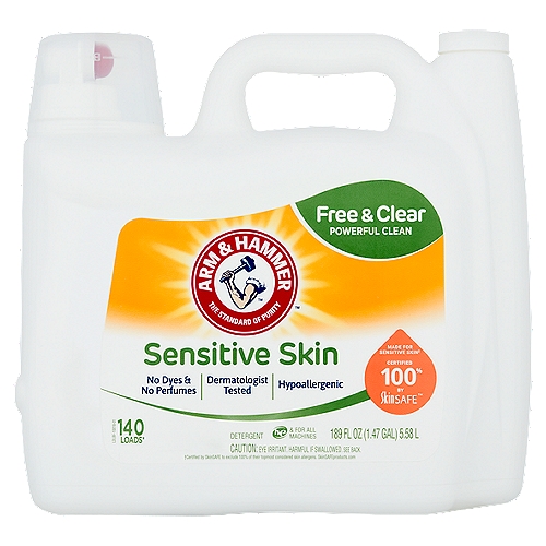 Arm & Hammer Sensitive Skin Detergent, 140 loads, 189 fl oz
Made for sensitive skin†
†Certified by SkinSafe to exclude 100% of their topmost considered skin allergens.

140 Loads*
**Based on medium loads when measured to the top of Line 3 as directed