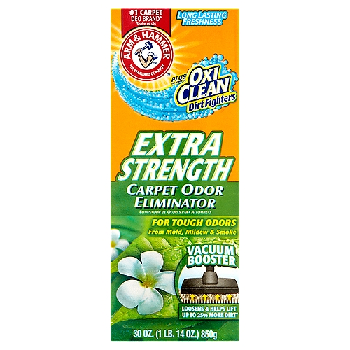 Arm & Hammer Extra Strength Carpet Odor Eliminator, 30 oz
Loosens & helps lift up to 25% more dirt*

We have added the power of OxiClean™ Dirt Fighters to permanently eliminate odors plus *loosen and help your vacuum lift up to 25% more dirt than vacuuming alone, leaving behind a pleasant fragrance for long-lasting freshness.
Also absorbs and eliminates odors from smoke, mold and mildew

Lasting Fragrance Stays Behind!
This burst of floral delight will rid your home of even the strongest odors. The herbal freshness combined with hints of jasmine and citrus uses fragrances inspired by nature to absorb and eliminate the toughest smells.