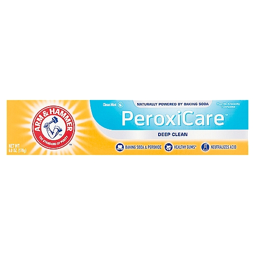 Arm & Hammer PeroxiCare Deep Clean Clean Mint Toothpaste, 6.0 oz
Fluoride Anticavity Toothpaste

Healthy gums*
*when used as part of a complete brushing routine.

Your teeth and gums thrive in a neutral, non-acidic environment. The proven power of baking soda in all Arm & Hammer™ toothpastes actively neutralizes acid, helping create the optimal environment for strong teeth and gums.

Use
Aids in the prevention of dental decay

Drug Facts
Active ingredient - Purpose
Sodium fluoride 0.24% - Anticavity toothpaste