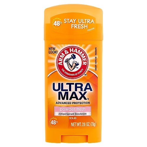 Arm & Hammer Ultra Max Powder Fresh Solid Antiperspirant Deodorant, 2.6 oz
Drug Facts
Active ingredient - Purpose
Aluminum zirconium tetrachlorohydrex gly (19%) - Antiperspirant

Use
Reduces underarm perspiration