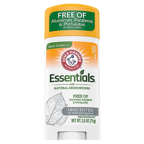 Arm & Hammer Essentials Unscented Deodorant, 2.5 oz
Deodorant with Natural Citrus Deodorizers

• No Aluminum
• No Parabens
• Contains Arm & Hammer™ Baking Soda and natural plant extracts to absorb and fight odor.