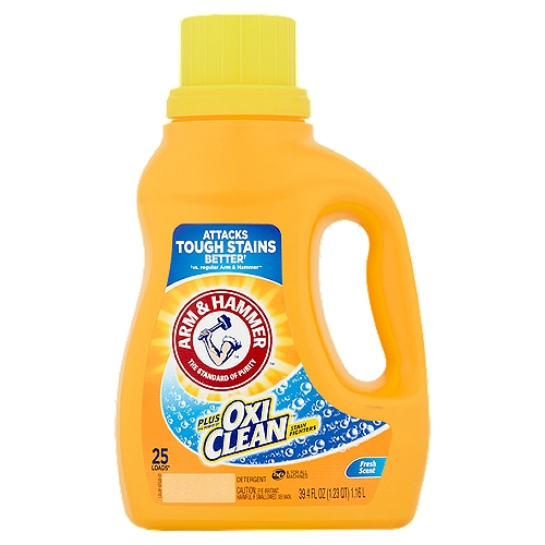 Arm & Hammer Oxi Clean Fresh Scent Detergent, 39.4 fl oz
Attacks Tough Stains Better†
†vs. regular Arm & Hammer™

Plus the Power of Oxi Clean™ Stain Fighters

25 Loads*
*Based on medium loads when measured to bar 7 as directed.
