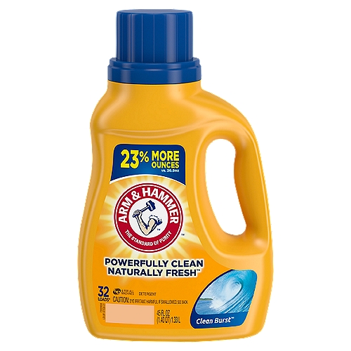 Arm & Hammer Clean Burst Detergent, 32 loads, 45 fl oz
Powerfully Clean Naturally Fresh™

32 Loads*
*Based on medium loads when measured to Bar 5 as directed.