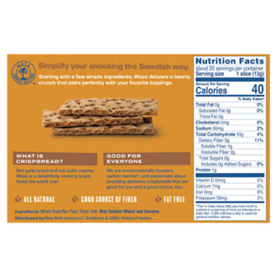 Wasa Whole Grain Crispbread, 9.2 oz. Crackers, Non-GMO Ingredients, Fat Free, Made with 100% Whole Grains