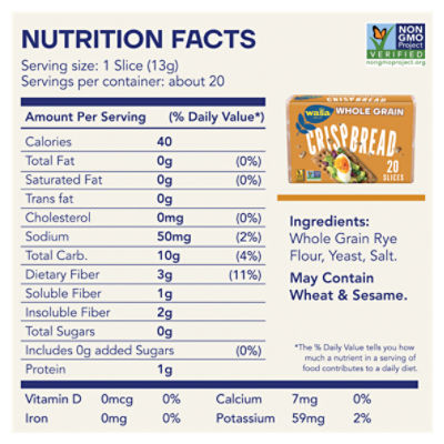 Wasa Whole Grain Crispbread, 9.2 oz. Crackers, Non-GMO Ingredients, Fat Free, Made with 100% Whole Grains