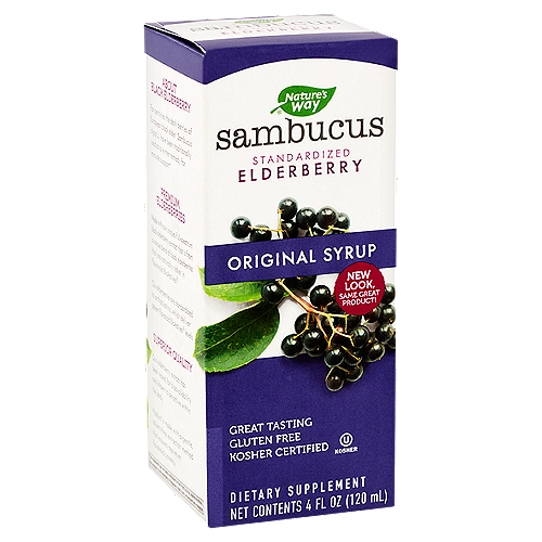 Nature's Way Sambucus Standardized Elderberry Original Syrup Dietary Supplement, 4 fl oz
Our Standardized Elderberry Extract is:
• Gluten Free
• Kosher Certified
• Vegan

About Black Elderberry
For centuries the dark berries of European black elder (Sambucus nigra L.) have been traditionally used as a winter remedy for immune support*
*This statement has not been evaluated by the Food & Drug Administration. This product is not intended to diagnose, treat, cure, or prevent any disease.

Premium Elderberries
Made with our unique, full-spectrum black elderberry extract that is from a unique blend of black elderberries that are naturally richer in Flavonoid BioActives®
Our elderberries are standardized to anthocyanins, which deliver potent Flavonoid BioActives® levels

Superior Quality
Our elderberry extract has been tested for bioavailability and shown to be active within the body
Product is made with a gentle, solvent-free extraction method that ensures maximum flavonoid potency