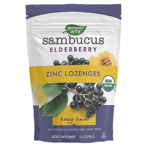 Elderberry Zinc Lozenges Honey Lemon Dietary SupplementnnAbout Black ElderberrynFor centuries the dark berries of European black elder (Sambucus nigra L.) have been traditionally used as a winter remedy for immune support*nnStandardized ExtractnMade with our unique, full-spectrum black elderberry extract that is from a unique blend of black elderberries that are naturally richer in Flavonoid BioActives®nGentle, solvent-free extraction ensures maximum flavonoid potencynnTriple-Action Immune Blend*nEach lozenge provides 12.5 mg of black elderberry extractnPlus excellent source of zinc (5 mg) and vitamin C (90 mg)nnCertified OrganicnMade with organic black elderberry and sweetened with organic tapioca syrup and organic cane sugarn*These Statements Have Not Been Evaluated by the Food & Drug Administration. This Product is Not Intended to Diagnose, Treat, Cure, or Prevent Any Disease.