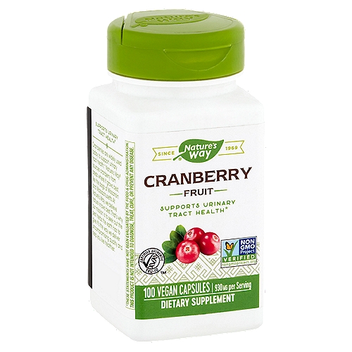 Nature's Way Cranberry Fruit Dietary Supplement, 930 mg, 100 count
Supports Urinary Tract Health*

Cranberries are widely used today to support urinary tract health.* Nature's Way® sources cranberry from areas where it grows best, like the bogs of Wisconsin and Massachusetts. At Nature's Way, we believe nature knows best. That's why our mission is to seek out the best herbs the earth has to give. It's the way we deliver uncompromising quality and help you live healthier.
*These Statements Have Not Been Evaluated by the Food & Drug Administration. This Product is Not Intended to Diagnose, Treat, Cure, or Prevent Any Disease.