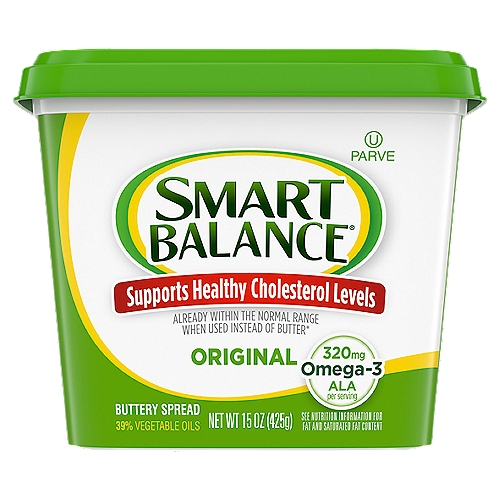 Smart Balance Original Buttery Spread, 15 oz
Already within the Normal Range When Used Instead of Butter*
* As part of a healthy diet that is low in saturated fat and that includes exercise and other physical activity

Per Serving (1 tbsp)
This item (14g): Calories: 50; Total fat: 6g; Sat. fat: 1.5g
Butter (14g): Calories: 100; Total fat: 11g; Sat. fat: 7g
See nutrition information for fat and saturated fat content.

Excellent source omega-3 ALA
Contains 320mg ALA per serving, which is 20% of the 1.6g Daily Value for ALA.

75% less sat. fat than butter
6g Total Fat per Serving. Butter 7g Sat. Fat per Serving, this Product 1.5g Sat. Fat per Serving. See Nutrition Information for Fat and Sat. Fat Content