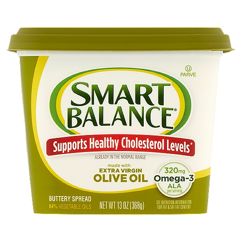 Supports healthy cholesterol levels*nnExcellent source omega-3 ALAnContains 320mg ALA per serv, which is 20% of the 1.6g DV for ALAnn70% less sat fat than butternButter 7g sat fat per serv.; this product 2g sat fat. per serv.nnBased on 1 Tbsp Serving Size: Calories Smart Balance®: 60; Calories Butter*: 100nBased on 1 Tbsp Serving Size: Sat Fat Smart Balance®: 2g; Sat Fat Butter*: 7gnBased on 1 Tbsp Serving Size: Animal Sat Fat Smart Balance®: 0g; Animal Sat Fat Butter*: 7gnBased on 1 Tbsp Serving Size: Plant-Based Sat Fat Smart Balance®: 2g; Plant-Based Sat Fat Butter*: 0gnBased on 1 Tbsp Serving Size: Cholesterol Smart Balance®: 0mg; Cholesterol Butter*: 30mgnBased on 1 Tbsp Serving Size: Cooking Smart Balance®: ✓; Cooking Butter*: ✓n* When used as part of a healthy diet low in saturated fat and that includes exercise and other physical activitynnAlready in the normal rangennTastes great