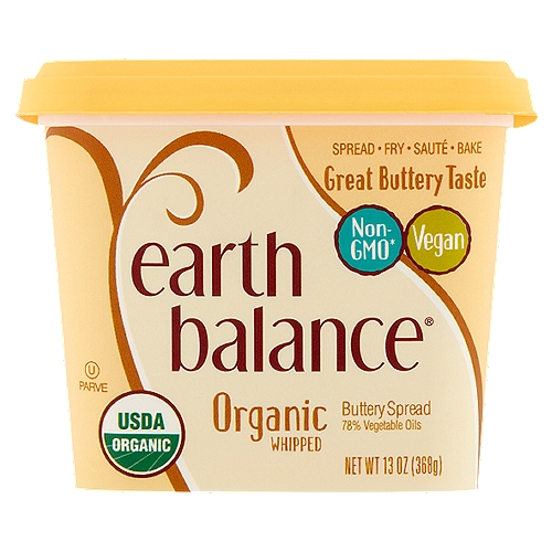 Earth Balance Organic Whipped Buttery Spread, 13 oz
Non-GMO*
Without the Worry
*Earth Balance Buttery Spreads are made with non-GMO ingredients. They are naturally free from hydrogenated oils and have zero grams of trans fat.

Excellent source of ALA Omega-3
320mg ALA per serving which is 20% of the 1.6g daily value for ALA.

The Taste You Crave
The rich buttery taste of this Earth Balance® Spread makes your favorite foods simply delicious. Our creamy buttery spread will delight your taste buds and win your heart.