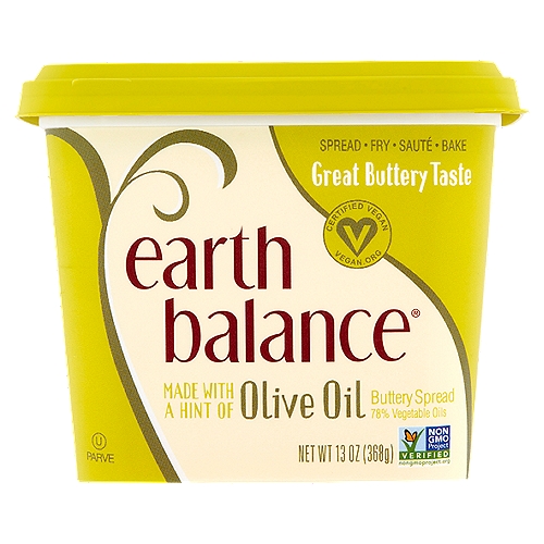 Earth Balance Buttery Spread, 13 oz
Plant-Based Diet Friendly™

Excellent source of ALA Omega-3
320mg ALA per serving which is 20% of the 1.6g daily value for ALA*
*See Nutrition Information for Fat & Sat Fat Content

The Taste You Crave
The rich buttery taste of this Earth Balance® Spread makes your favorite foods simply delicious. Our creamy buttery spread will delight your taste buds and win your heart.

Without the Worry
The proprietary blend used in Earth Balance® Buttery Spreads is naturally free of hydrogenated oils and has zero grams of trans fat.

Powered by Plants™ 