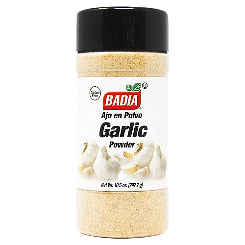 Badia Garlic Powder, 10.5 oz
A pantry basic, Badia Garlic Powder. Conveniently packed and stored, Badia Garlic Powder is a must-have in the spice cabinet. An indispensable and versatile ingredient that can be used on many different food preparations, from steak, to chicken, fish, shellfish, casseroles, salad dressings, soups, eggs, vinaigrettes, to burgers and stews. Sprinkle Badia Garlic Granulated on your pizza and avocado salad for an incredible twist! This convenient package will keep the garlic fresh and is easy to use and store. Badia Garlic Powder is prepared from garlic and has all the flavor and aroma. This versatile pantry staple is an ingredient that will add all the flavor to many different dishes, from the foodie to the cook, Badia Garlic Powder is a must!

Badia Spices manufactures, packages, distributes, a wide array of products for the everyday cooking needs, from spices, herbs, seasoning blends, teas, side dishes, olive oils, and more. Badia is committed to offering the highest quality at the best price.