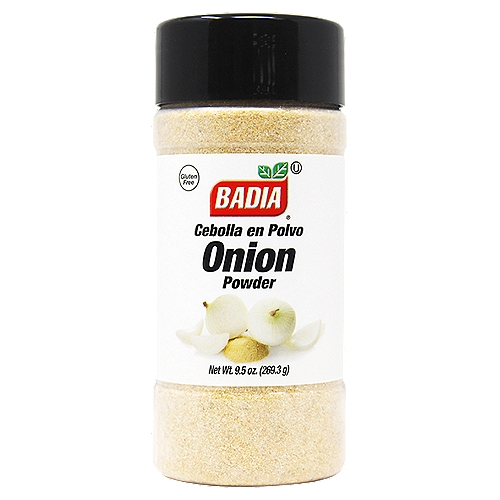 Badia Onion Powder 9.5 oz
A pantry basic: Badia Onion Powder! Onion is one of the most important culinary ingredients in every kitchen. Its characteristic strong flavor when raw makes it a great addition to salads. Its sweet flavor when cooked is a key element for meats, poultry, seafood, and all kinds of side dishes.

Badia Spices manufactures, packages, distributes, a wide array of products for the everyday cooking needs, from spices, herbs, seasoning blends, teas, side dishes, olive oils, and more. Badia is committed to offering the highest quality at the best price.