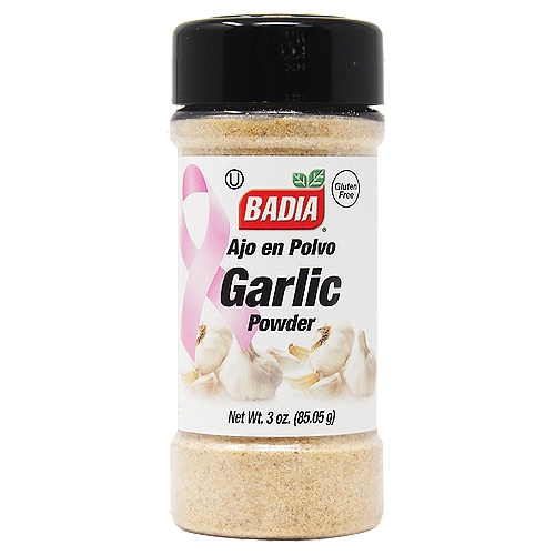 Badia Garlic Powder, 3 oz
A pantry basic, Badia Garlic Powder. Conveniently packed and stored, Badia Garlic Powder is a must-have in the spice cabinet. An indispensable and versatile ingredient that can be used on many different food preparations, from steak, to chicken, fish, shellfish, casseroles, salad dressings, soups, eggs, vinaigrettes, to burgers and stews. Sprinkle Badia Garlic Granulated on your pizza and avocado salad for an incredible twist! This convenient package will keep the garlic fresh and is easy to use and store. Badia Garlic Powder is prepared from garlic and has all the flavor and aroma. This versatile pantry staple is an ingredient that will add all the flavor to many different dishes, from the foodie to the cook, Badia Garlic Powder is a must!

Badia Spices manufactures, packages, distributes, a wide array of products for the everyday cooking needs, from spices, herbs, seasoning blends, teas, side dishes, olive oils, and more. Badia is committed to offering the highest quality at the best price.