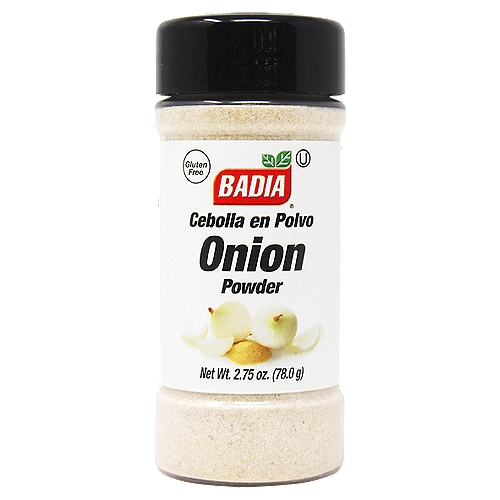 Badia Onion Powder, 2.75 oz
A pantry basic: Badia Onion Powder! Onion is one of the most important culinary ingredients in every kitchen. Its characteristic strong flavor when raw makes it a great addition to salads. Its sweet flavor when cooked is a key element for meats, poultry, seafood, and all kinds of side dishes.

Badia Spices manufactures, packages, distributes, a wide array of products for the everyday cooking needs, from spices, herbs, seasoning blends, teas, side dishes, olive oils, and more. Badia is committed to offering the highest quality at the best price.