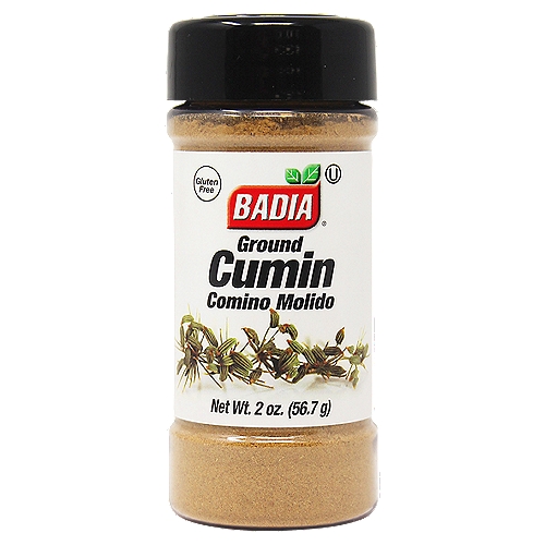 Badia Ground Cumin, 2 oz
Badia Cumin Ground is a versatile and aromatic spice. It is used in many cuisines and in dishes such as chili, curry dishes, and even breads and cheese. The native Mediterranean seasoning is used to enhance the flavor of pickled vegetables, meat and poultry, stews, and some tomato-based sauces. It is traditional in Mexican Cuisine (Chili with Meat) and it is a basic ingredient in Oriental Cuscus, Indian Curry, and bean dishes.

Badia Spices manufactures, packages, distributes, a wide array of products for the everyday cooking needs, from spices, herbs, seasoning blends, teas, side dishes, olive oils, and more. Badia is committed to offering the highest quality at the best price.