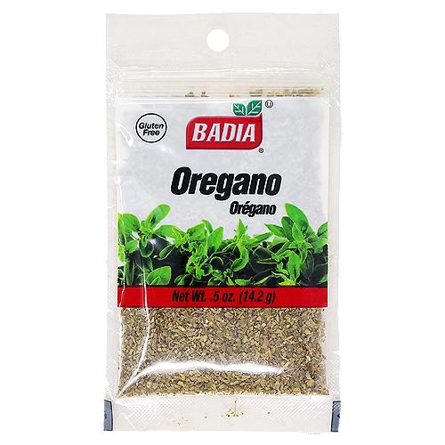 Badia Oregano, .5 oz
This native Mediterranean region herb is widely used as a seasoning in Greek, Spanish and Italian cooking. Badia Oregano is ideal as a distinctive flavor in salad dressings and as a main ingredient in tomato-based sauces, grilled meat, poultry, and shellfish.

Badia Spices manufactures, packages, distributes, a wide array of products for the everyday cooking needs, from spices, herbs, seasoning blends, teas, side dishes, olive oils, and more. Badia is committed to offering the highest quality at the best price.