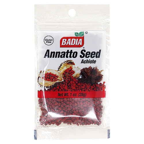 Badia Annatto Seed, 1 oz
Badia Annatto is used for color and flavor in a variety of dishes such as rice, vegetables, meat stews, and fish. Annatto is found in the pulp that covers the seeds of a native Caribbean tree.

Heat 1 cup of vegetable oil with ½ cup of Badia Annatto Seed. Strain oil and use it in desired amount, to add color to your favorite dishes.

Badia Spices manufactures, packages, distributes, a wide array of products for the everyday cooking needs, from spices, herbs, seasoning blends, teas, side dishes, olive oils, and more. Badia is committed to offering the highest quality at the best price.