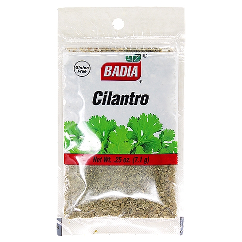 Badia Cilantro, .25 oz
Cilantro Leaves, with their citrus overtones, are an ingredient in many South Asian Meals as a garnish, also used frequently in Mexican Cooking, particularly in salsa and guacamole, and as a garnish for salads.

Badia Spices manufactures, packages, distributes, a wide array of products for the everyday cooking needs, from spices, herbs, seasoning blends, teas, side dishes, olive oils, and more. Badia is committed to offering the highest quality at the best price Cilantro Leaves, with their citrus overtones, are an ingredient in many South Asian Meals as a garnish, also used frequently in Mexican Cooking, particularly in salsa and guacamole, and as a garnish for salads.
