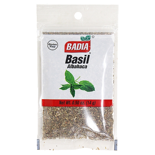Badia Basil, 0.50 oz
Badia Basil goes great in spaghetti sauce, soups, stews, and in salads. This Basil variety, characterized by its sweetness, combines perfectly with any tomato-based recipe.

Badia Spices manufactures, packages, distributes, a wide array of products for the everyday cooking needs, from spices, herbs, seasoning blends, teas, side dishes, olive oils, and more. Badia is committed to offering the highest quality at the best price.