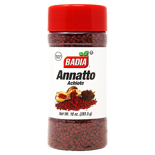Badia Annatto Seed 10 oz
Used as a due for a variety of dishes such as rice, vegetables, meat stews, and fish. Annatto is found in the pulp that covers the seeds of a native Caribbean tree.

Heat 1 cup of vegetable oil with ½ cup of Badia Annatto Seed. Strain oil and use it in desired amount, to add color to your favorite dishes.

Badia Spices manufactures, packages, distributes, a wide array of products for the everyday cooking needs, from spices, herbs, seasoning blends, teas, side dishes, olive oils, and more. Badia is committed to offering the highest quality at the best price.