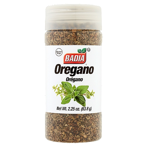 Badia Oregano, 2.25 oz
This native Mediterranean region herb is widely used as a seasoning in Greek, Spanish and Italian cooking. Badia Oregano is ideal as a distinctive flavor in salad dressings and as a main ingredient in tomato-based sauces, grilled meat, poultry, and shellfish.

Badia Spices manufactures, packages, distributes, a wide array of products for the everyday cooking needs, from spices, herbs, seasoning blends, teas, side dishes, olive oils, and more. Badia is committed to offering the highest quality at the best price.