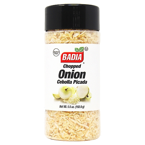 A pantry basic, Badia Onion Chopped. Use it to replace fresh chopped onion in any recipe. For salads and dry dishes, add an equal amount of water and let it stand for 10 minutes, drain, and use it in the amount desired.nn1 oz of Badia Chopped Onion equals 3 oz of fresh Chopped Onion.nnBadia Spices manufactures, packages, distributes, a wide array of products for the everyday cooking needs, from spices, herbs, seasoning blends, teas, side dishes, olive oils, and more. Badia is committed to offering the highest quality at the best price.