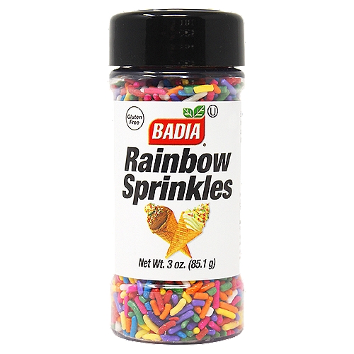 Badia Rainbow Sprinkles 3 oz
Badia Rainbow Sprinkles are the perfect finishing touch for decorating cakes, cupcakes, cookies, and ice cream. Add a little color to your desserts.

Badia Spices manufactures, packages, distributes, a wide array of products for the everyday cooking needs, from spices, herbs, seasoning blends, teas, side dishes, olive oils, and more. Badia is committed to offering the highest quality at the best price.