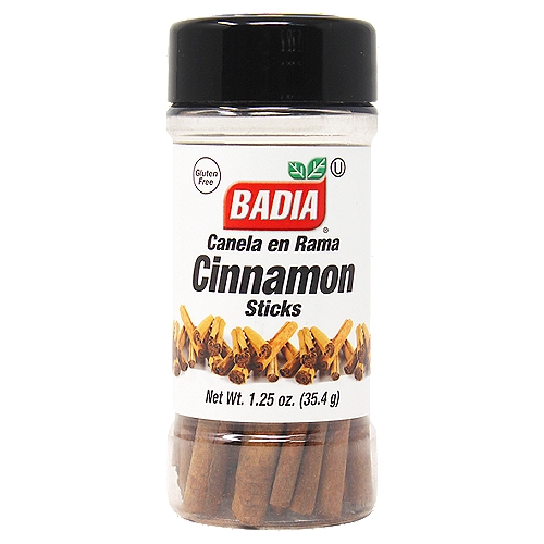 Badia Cinnamon Sticks, 1.25 oz
Cinnamon is one of the oldest spices known, it comes from the bark of the tree. Badia Cinnamon Sticks is used mainly on desserts, fruits, and beverages. Its fragrant aroma and flavor have also been considered the secret ingredient in some meat stews, rice preparations, and vegetables dishes.

Badia Spices manufactures, packages, distributes, a wide array of products for the everyday kitchen needs, from spices, herbs, seasoning blends, teas, side dishes, olive oils, and more. Badia is committed to offering the highest quality at the best price.