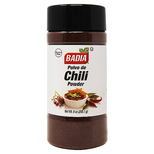 Badia Chili Powder, 9 oz
This original mix is ideal for the typical cuisine of the Mexican border region. Perfect for “chili con carne'' or seasoning eggs, fish, gravies, and stews. Badia Chili Powder is also recommended for mixing with ground beef or hamburgers.

Badia Spices manufactures, packages, distributes, a wide array of products for the everyday kitchen needs, from spices, herbs, seasoning blends, teas, side dishes, olive oils, and more. Badia is committed to offering the highest quality at the best price.